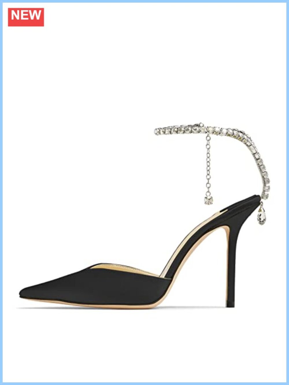 Women's Crystal Chain Rhinestone Ankle Strap Heeled Sandals Stiletto Pointed Toe